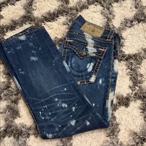 True Religion Blue Distressed Acid Wash Straight Leg Jeans